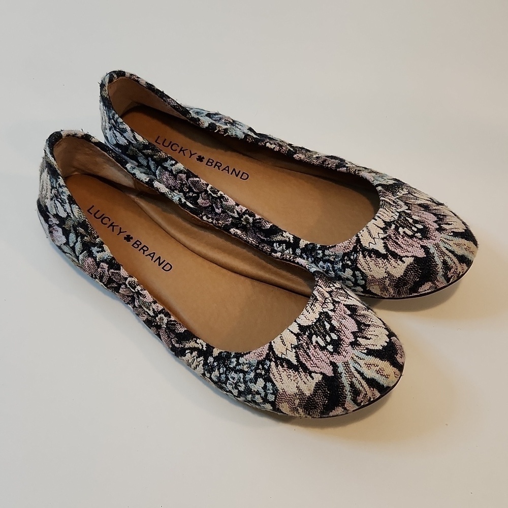 Lucky Brand Women's Floral Print Slip on Emmie Flats Shady Spruce Size 7 1/2M